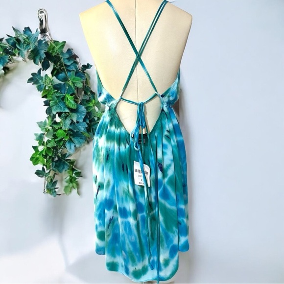 052 Forever 21 | NWT Boho Ocean Blue Tie-Dye Plunge Neck Mini Dress (Size L) - Picture 4 of 10